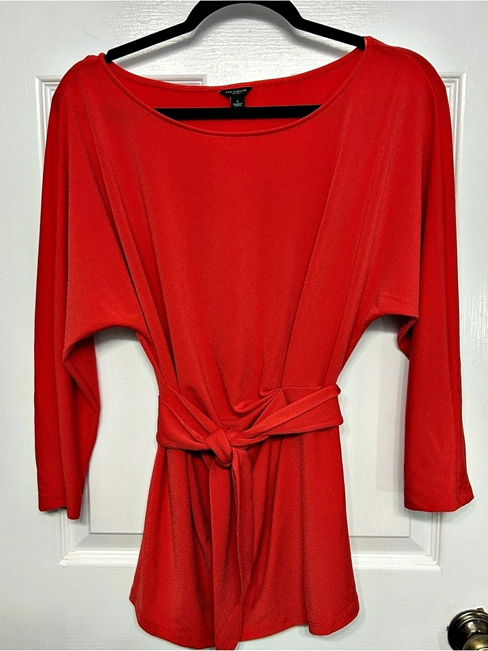 Ann Taylor Orange Red Tie-Waist Dolman Sleeve Top Blouse Size L